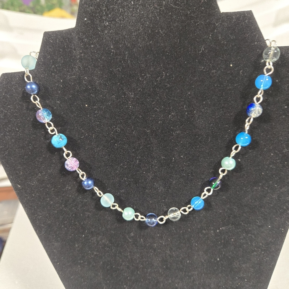 Hand Crafted Silver Chain Necklace with Blue and Green Beads